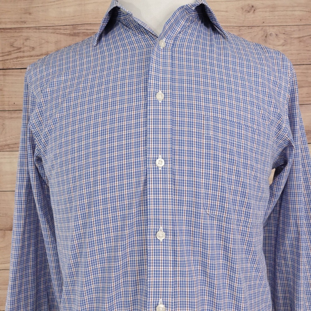 Stafford Dress Shirt Mens 15 32-33 Blue Check Excellent Travel Easy-Care Regular